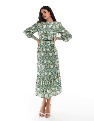 in collaboration with The William Morris Society high neck midi dress with bow back in green based floral