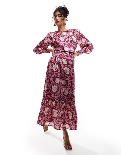 Hope & Ivy in collaboration with The William Morris Society high neck midi dress with bow back in pink print - view 1