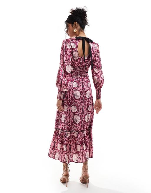 Hope & Ivy in collaboration with The William Morris Society high neck midi  dress with bow back in pink print | ASOS