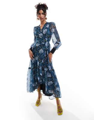 in collaboration with The William Morris Society wrap maxi dress in dark blue floral