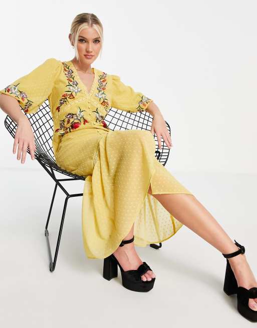 Hope & Ivy - Juliana - Robe mi-longue à broderies - Jaune