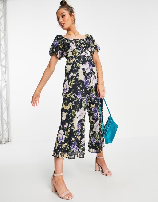 Hope & Ivy - Jumpsuit met pofmouwen en wijde pijpen in marineblauw met bloemen