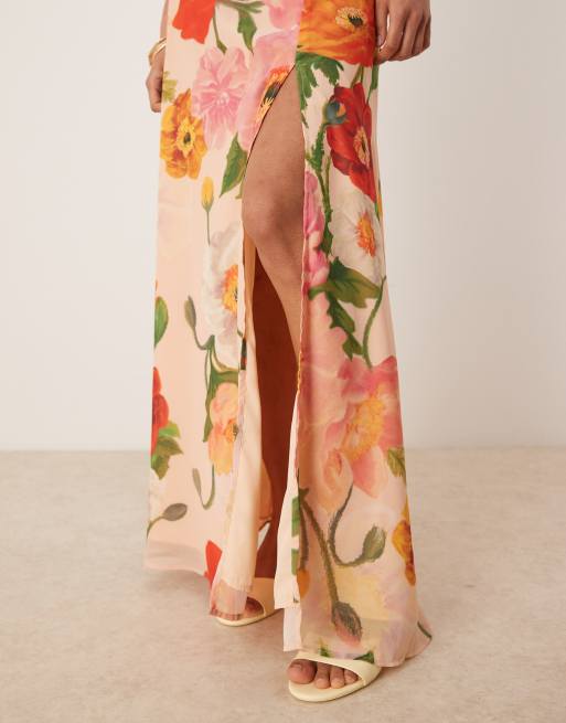 Hope & Ivy - Jupe longue fendue à taille haute d'ensemble - Rose multicolore, 2 de 5