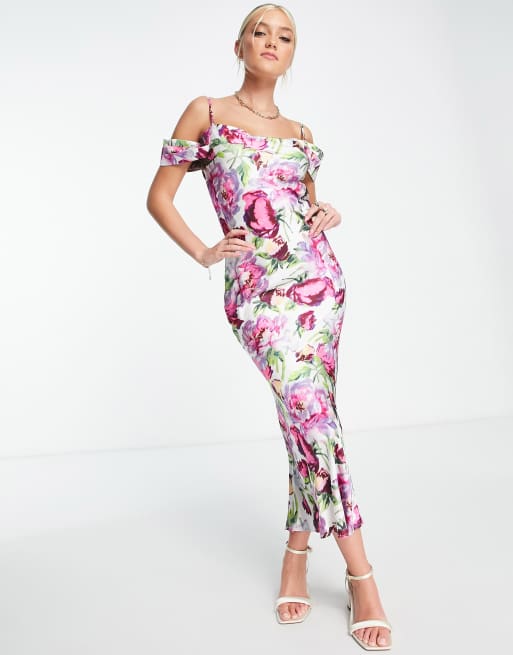 Hope & Ivy – Kerry – Schulterfreies Kleid in Rosa mit Print