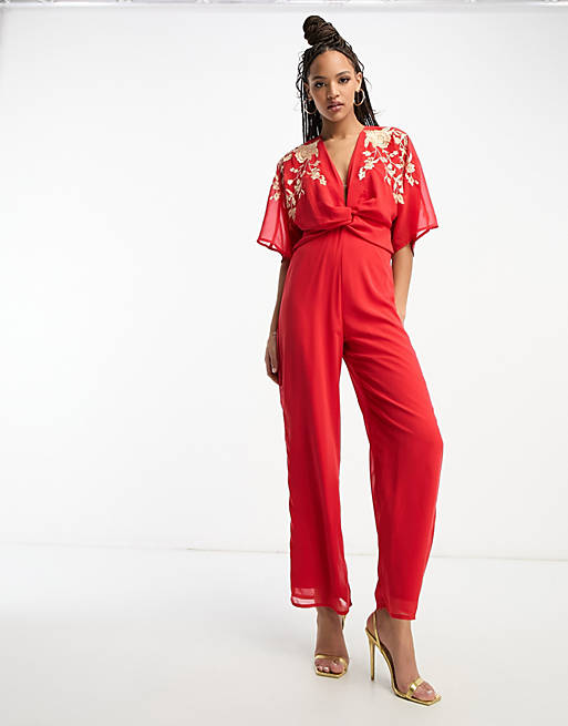Hope & Ivy kimono front embroidered jumpsuit in red | ASOS