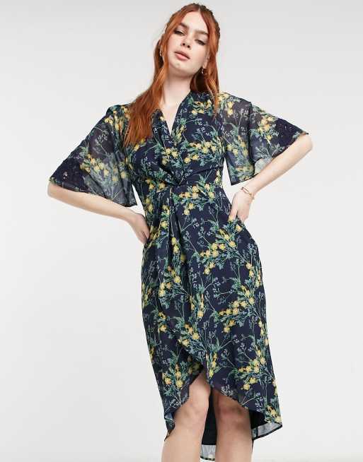 Hope & Ivy kimono knot front midi dress in navy floral | ASOS