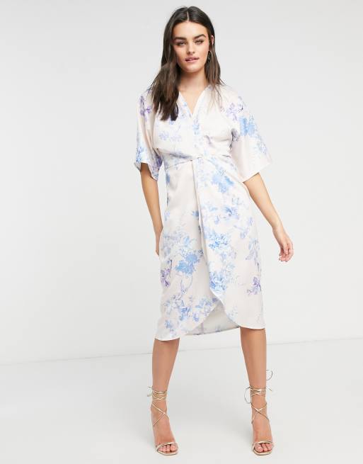 Hope Ivy kimono knot front midi dress in white and blue