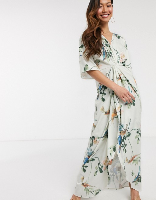 Hope & Ivy kimono maxi dress in swallow floral print