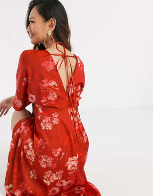 hope and ivy embroidered midi dress with ruched sleeves