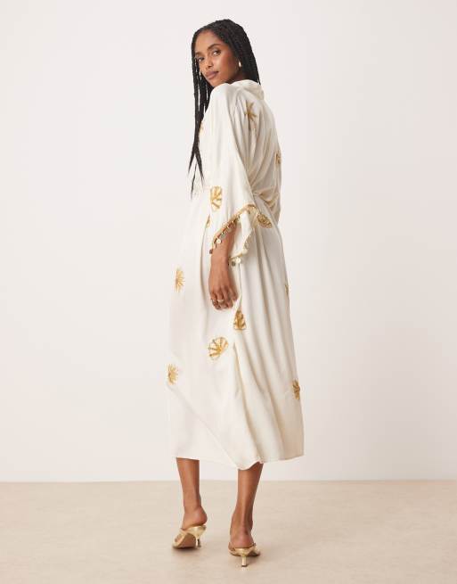 Hope & Ivy - Kimono midi jurk met versiering, gestrikte taille en overslag in ivoorwit, 3 van 4