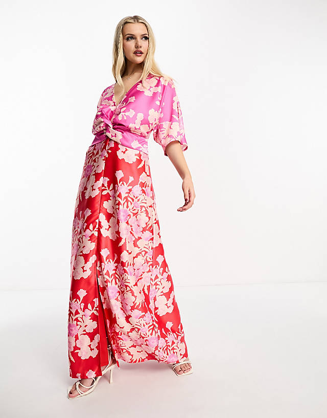 Hope & Ivy - kimono sleeve contrast floral maxi dress in pink and red