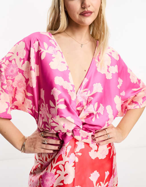 Hope Ivy kimono sleeve contrast floral maxi dress in pink and red