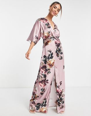 Hope & Ivy kimono sleeve satin maxi dress in mauve | ASOS