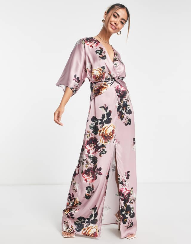 Hope & Ivy kimono sleeve satin maxi dress in mauve