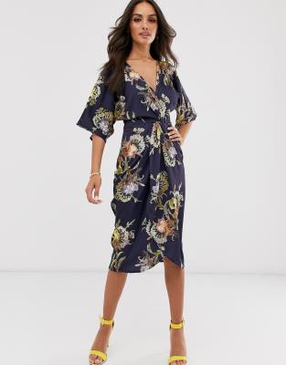 navy floral wrap midi dress