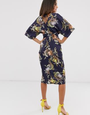 navy floral wrap midi dress