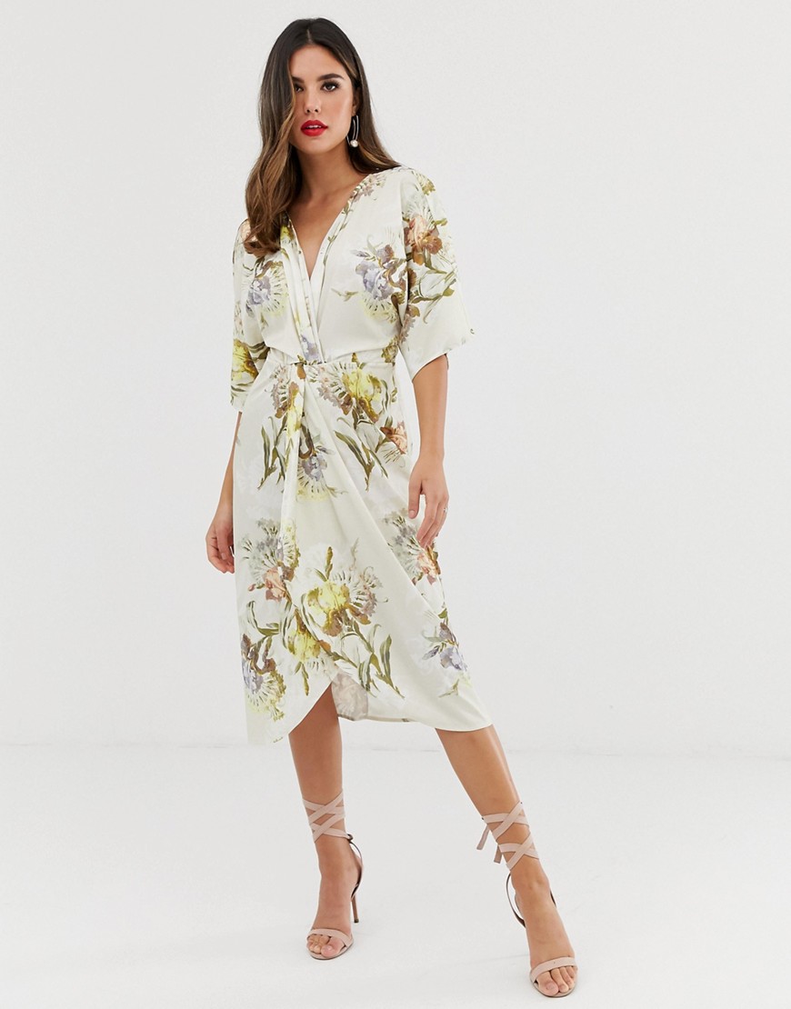 Hope & Ivy knot front midi dress in summer floral print-Multi