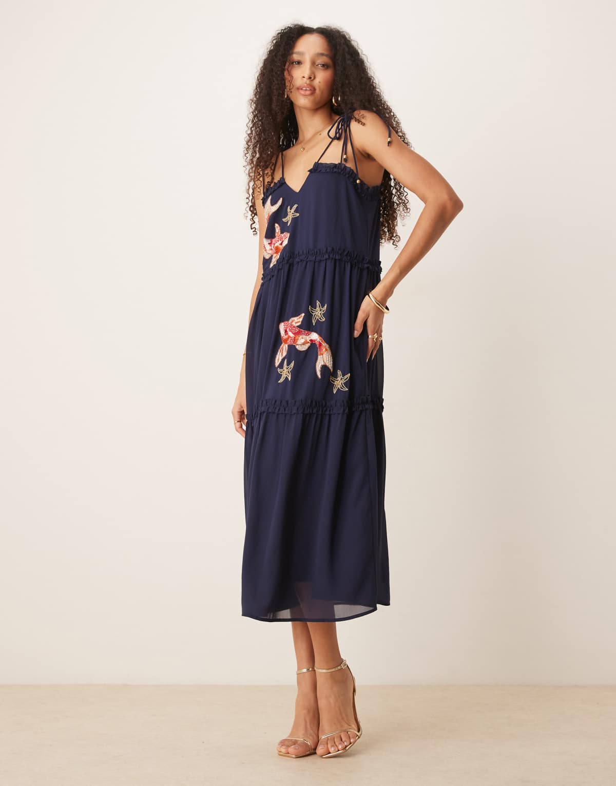 Hope & Ivy koi embellished tiered midi dress with tie straps in navy