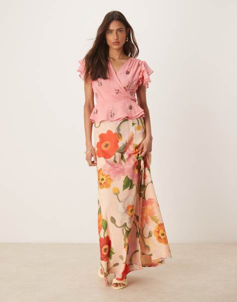 Hope & Ivy high waisted thigh split maxi skirt co-ord in pink multi