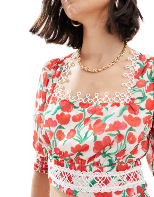 Hope & Ivy – Körsbärsmönstrad crop top med ballongärmar, del av set, 3 av 4