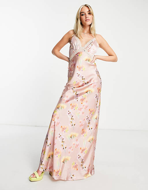 Hope & Ivy lace insert satin maxi dress in lilac floral