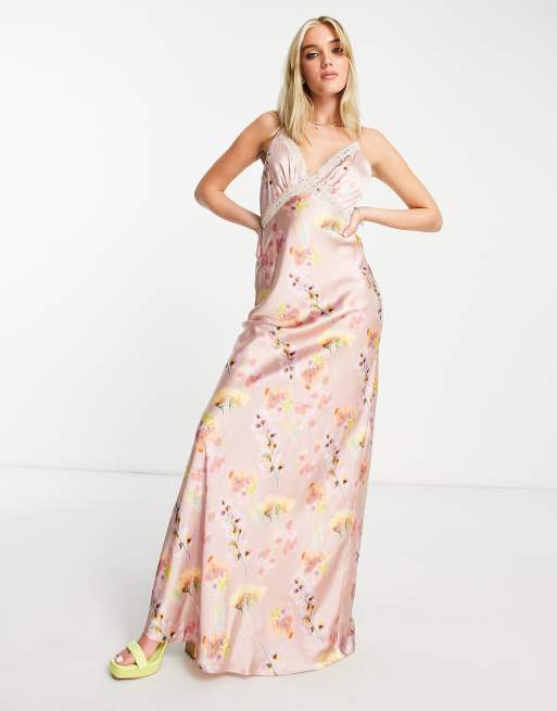 Hope & Ivy lace insert satin maxi dress in lilac floral