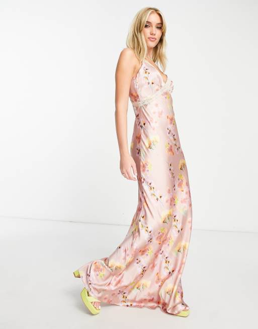 Hope & Ivy lace insert satin maxi dress in lilac floral