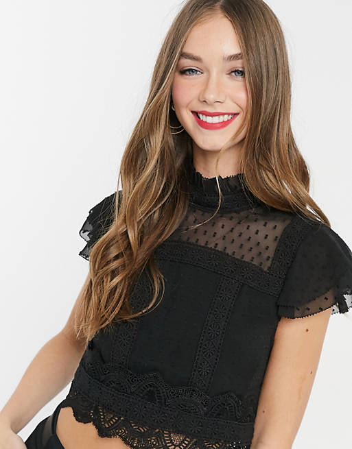 Hope & Ivy lace insert victorian top in black | ASOS