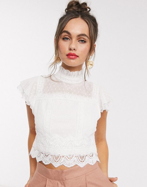 Hope & Ivy lace insert victoriana top in ivory