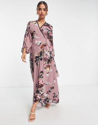 Hope & Ivy lace trim wrap maxi dress in mink floral - ASOS Price Checker