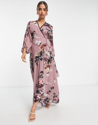 Hope & Ivy lace trim wrap maxi dress in mink floral-Purple