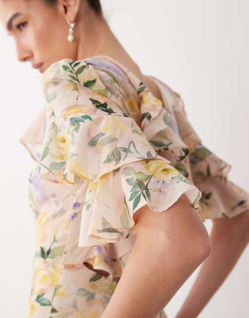 Hope & Ivy lace up back flutter sleeve midi tea dress in light pink floral, 2 of 4