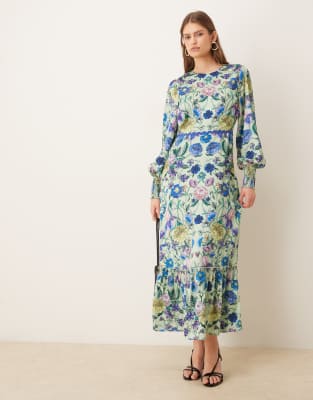 Langärmliges Midaxikleid mit gespiegeltem Blumenmuster in Blau, Blousonärmeln und Schleife hinten Blau 34