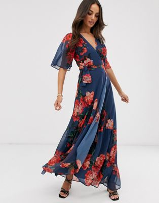 Hope & Ivy - Lange boho-jurk met overslag en bloemenprint in blauw
