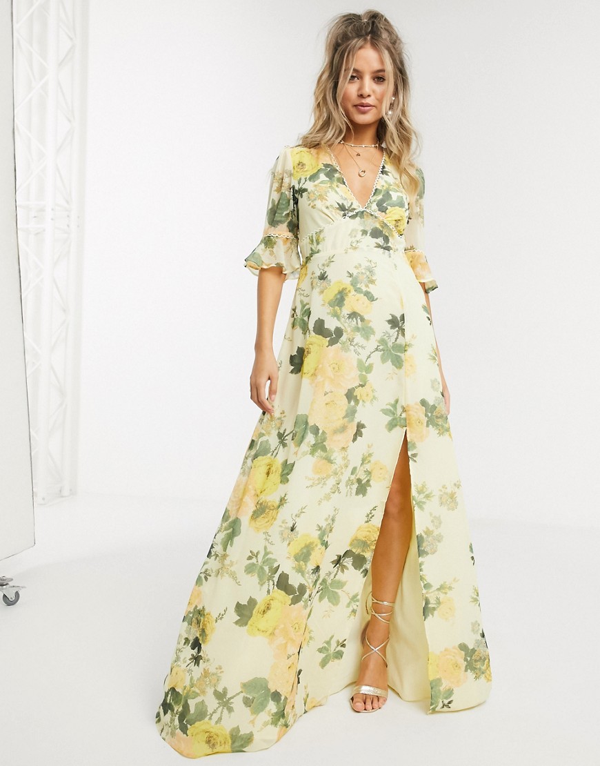 Hope & Ivy - Lange jurk in citroen met bloemenprint-Multi