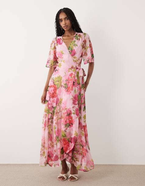 Hope & Ivy - Lange jurk met overslag, fladdermouwen en bloemenprint in roze - view 1