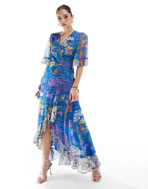 Hope & Ivy - Lange overslagjurk met ruchemouwen en striktaille in blauw met print - view 1