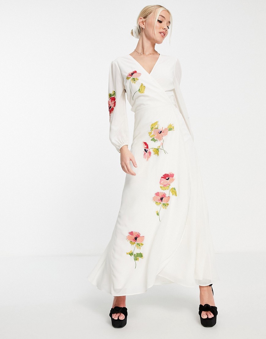 Hope & Ivy Lilbeth embroidered midi dress in cream-White