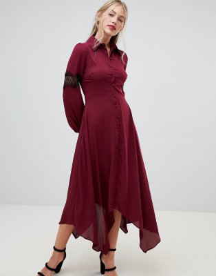 Hope & Ivy long sleeve dip hem shirt dress with lace insert | ASOS