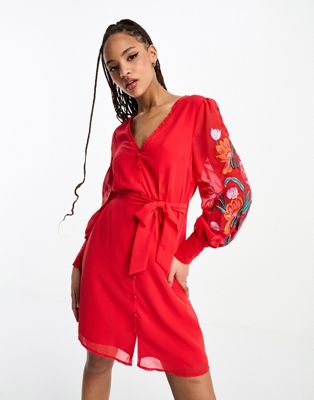 long sleeve embroidered wrap mini dress in red