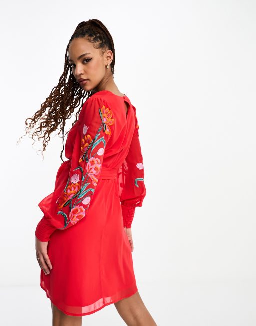 Hope & Ivy long sleeve embroidered wrap mini dress in red | ASOS