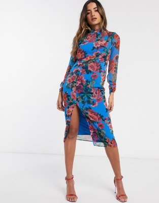 blue thigh split dress