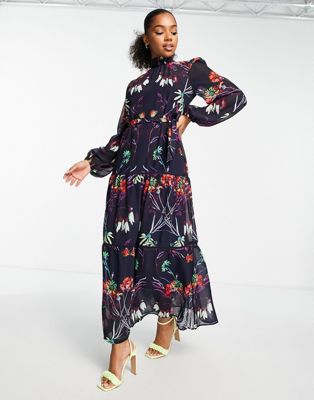 Hope & Ivy long sleeve tie waist maxi dress in navy floral