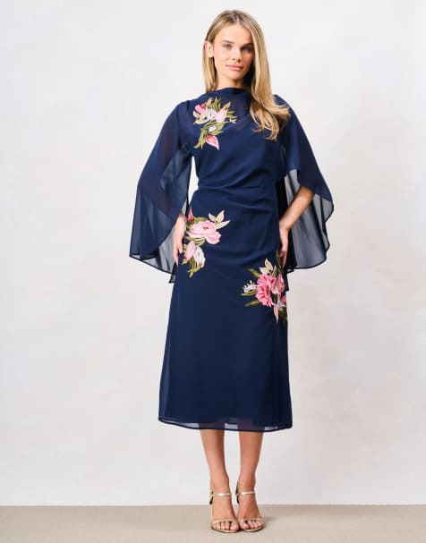 Hope & Ivy Ludmila embroidered caped sleeve midi dress with bow back in navy and pink floral - view 1