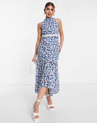 Hope & Ivy Made with Liberty Fabric Daniella halter neck dress in blue