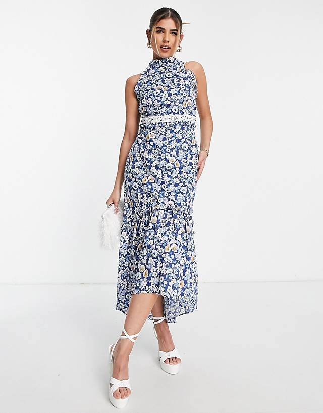 Hope & Ivy Made with Liberty Fabric Daniella halter neck dress in blue