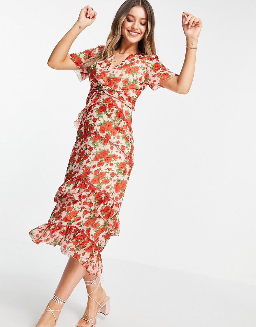 Hope & Ivy Made with Liberty Fabric tiered frill midi dress in poppy print