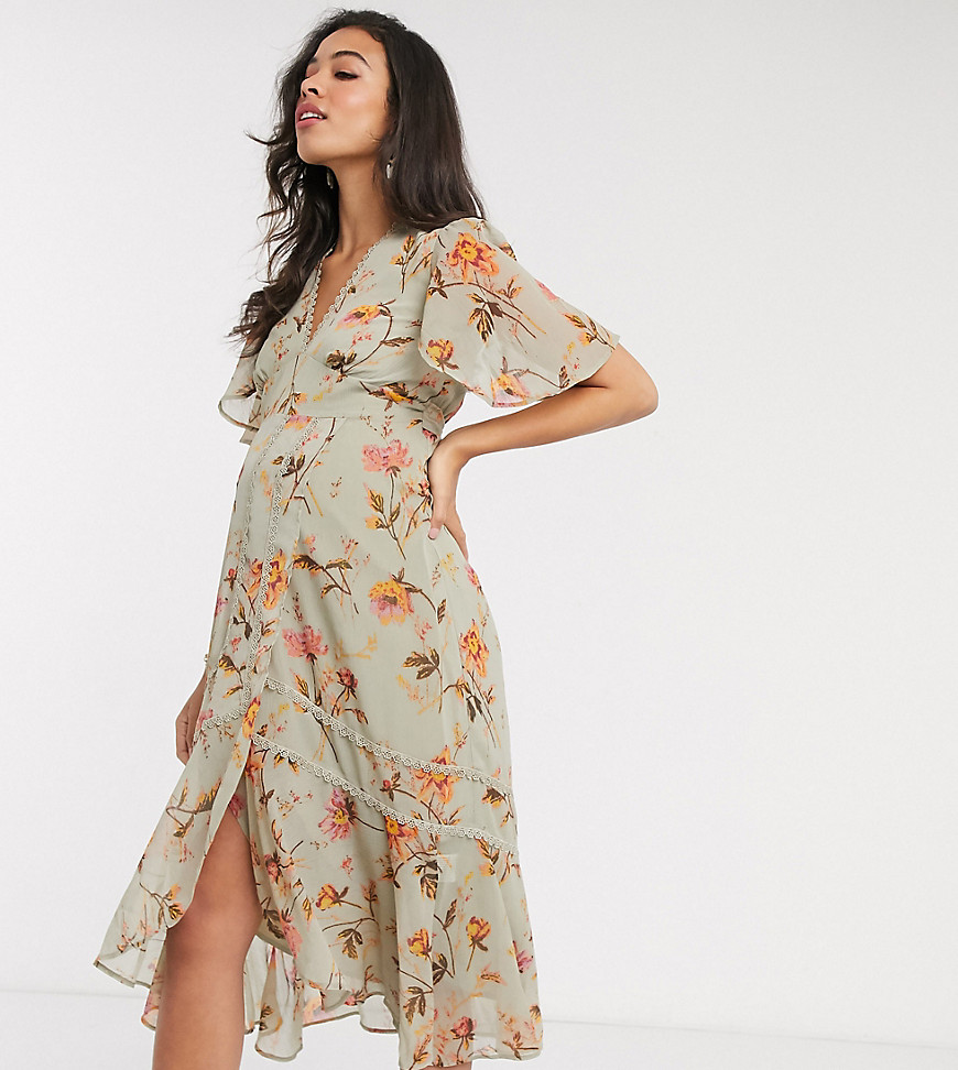 Hope & Ivy – Mammakläder – Blommig tea-klänning i midimodell med djup urringning-Flerfärgad