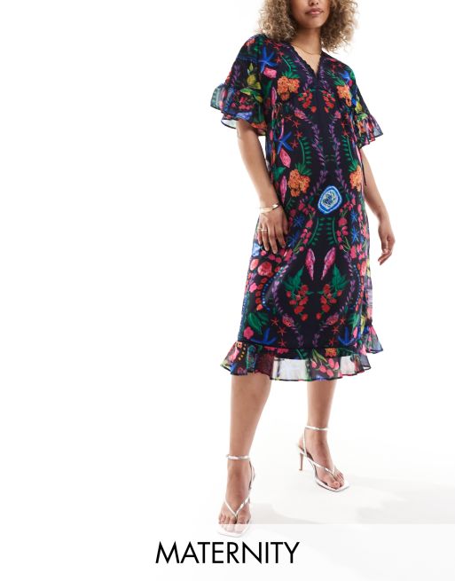 Hope & Ivy – Mammakläder – Färgglad, blommig smockklänning i midilängd
