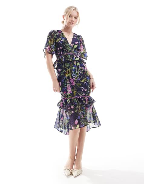 Hope & Ivy – Marinblå, mönstrad tea-klänning i midilängd med peplum-modell i midjan - view 1